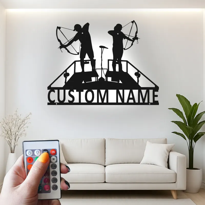 Personalisierte LED-Beleuchtung Metall-Wandkunst mit Bogenschützen-Silhouette – Geschenk für Bogenschützen, Spielzimmer oder Man Cave Dekor