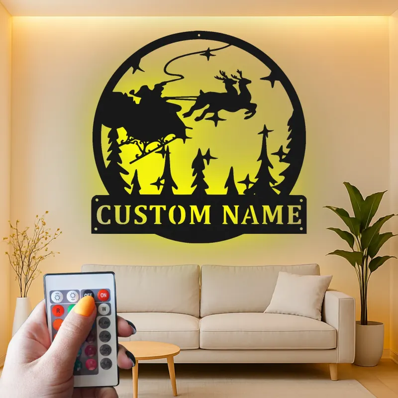 Cartel de metal personalizado de trineo de Santa | Decoración mural navideña LED | Arte navideño personalizado con nombre de familia | Silueta festiva de reno