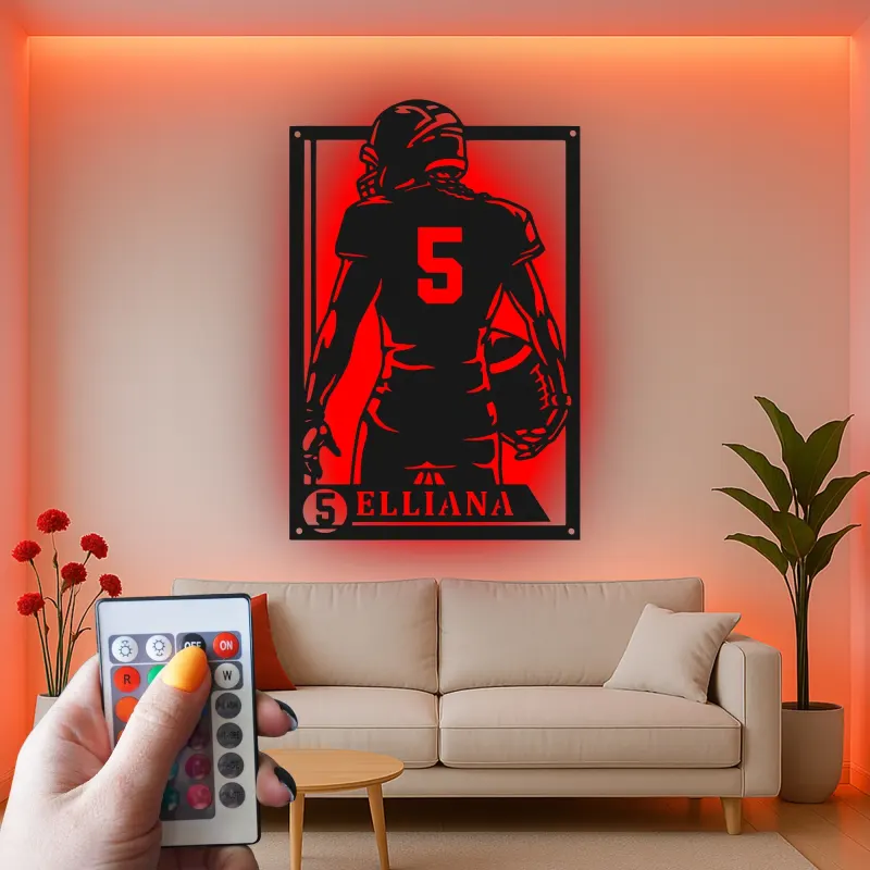Personalized Football Player Metal Wall Art | Custom LED Sign with Name & Number | Teen Room Decor | Athlete Gift