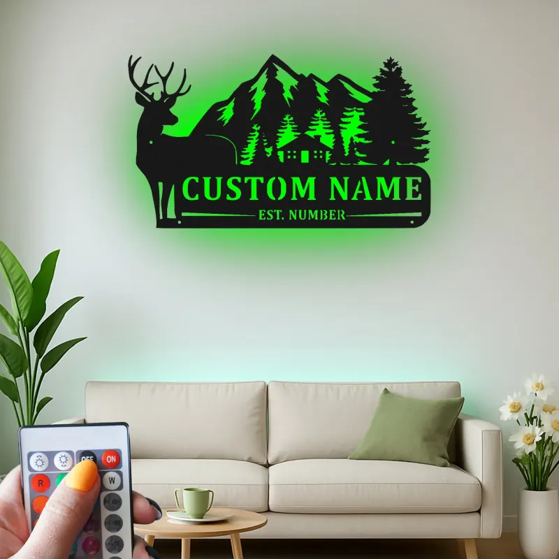 Personalisierte Hirsch-Mountain-Szene LED-Metall-Wandkunst – rustikales Geschenk für die Hütte