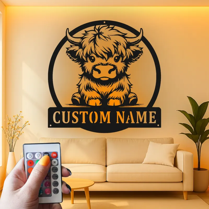 Insegna LED Highland Cow personalizzata | Arte da parete in metallo personalizzata | Decorazione moderna per casa e business
