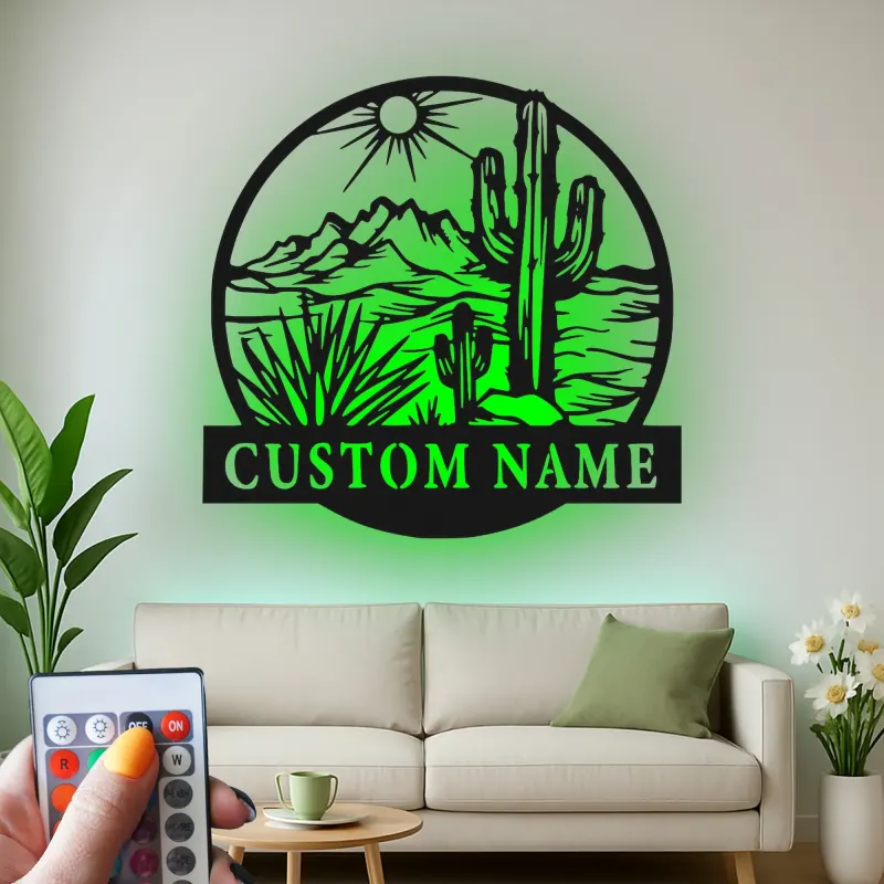 Personalisierte Wüstenkaktus-Wandkunst mit LED-Licht aus Metall – Southwest-Geschenk, Deko für Wohnzimmer oder Terrasse 1