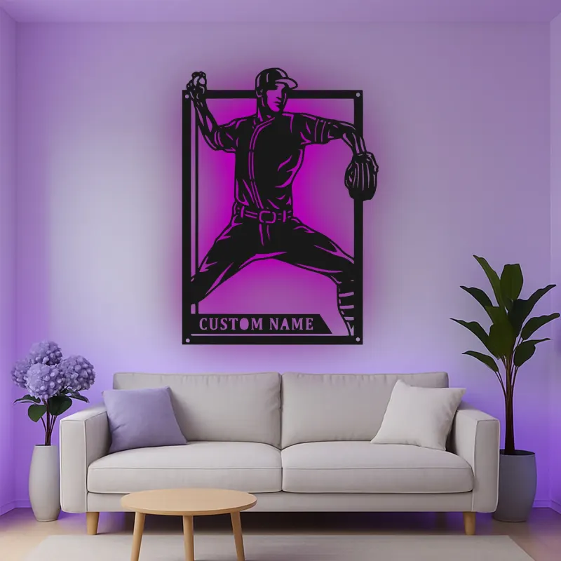 Insegna in metallo personalizzata con luce LED per lanciatore di baseball - Regalo personalizzato per appassionati di sport e decorazione per sala giochi