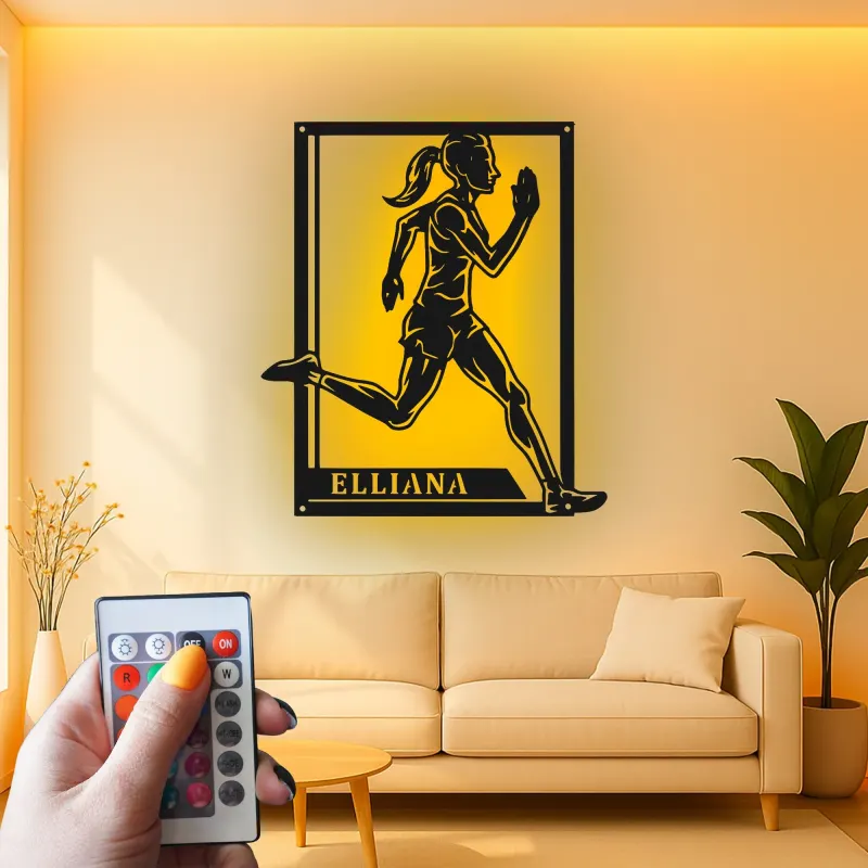 Personalized Female Runner Metal Wall Art | LED Name Sign for Athlete's Room | Custom Track & Field Gift