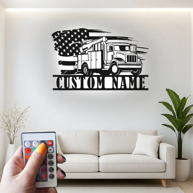 Lineman LED Metal Sign | Personalized Utility Truck Wall Art | American Flag Garage Decor | Custom Gift for Electrician
