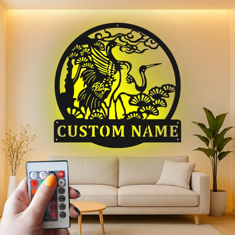 Custom Crane and Pine Led Light Metal Wall Art Personalized Nature Lover Gift Living Room or Garden Decor