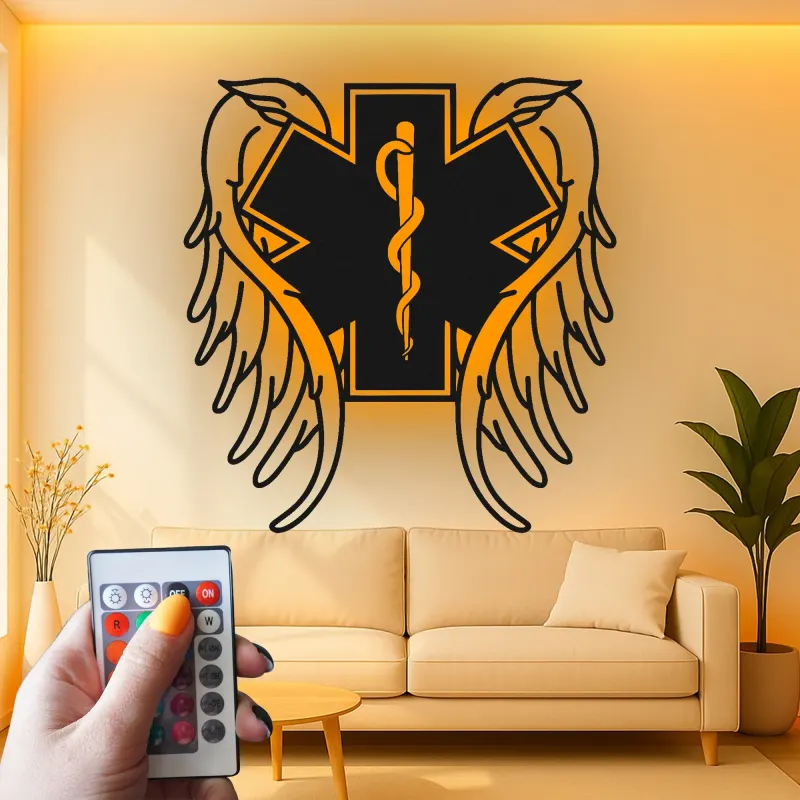 Insegna LED Star of Life | Arte in metallo personalizzata per EMT e paramedici | Simbolo medico con ali d'angelo | Regalo per primo soccorritore e decorazione per cliniche