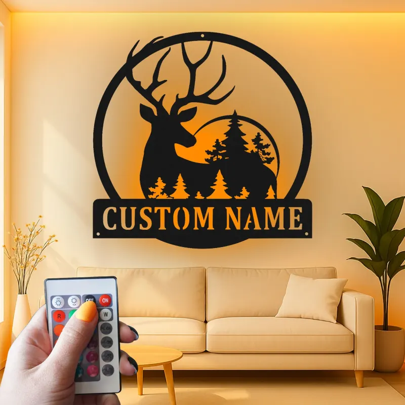 Cartel de metal personalizado con silueta de ciervo y luz LED, regalo para amantes de la naturaleza, decoración rústica para cabañas