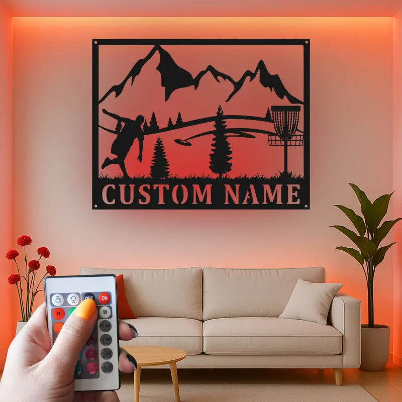 Insegna in metallo LED a forma di disc golf personalizzata - Regalo per appassionati di disc golf, decorazione per sala giochi o esterni