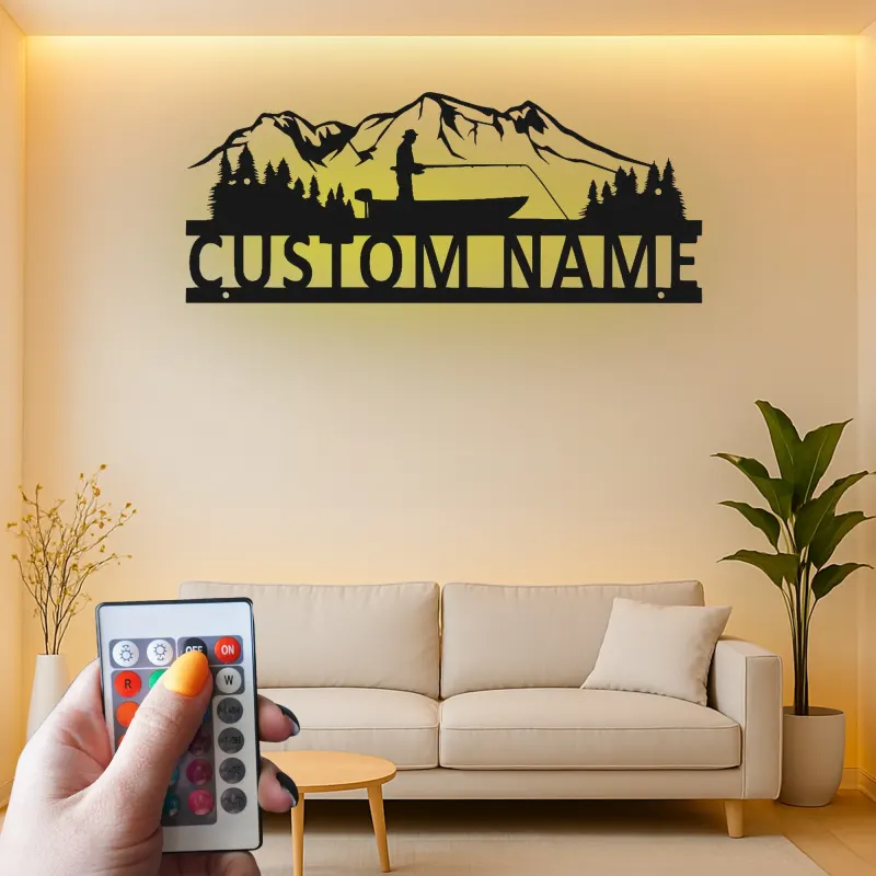 Décoration murale LED en métal pour pêcheur personnalisée | Plaque au prénom du pêcheur pour maison de lac | Cadeau pour amateur de plein air