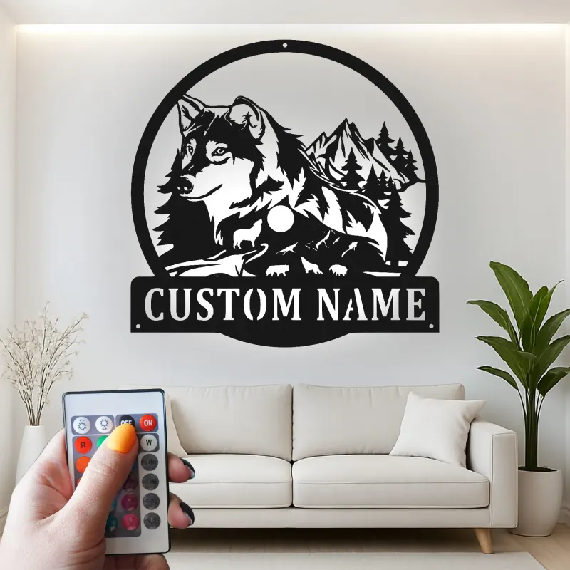 Cartel de metal personalizado de lobo y montaña con luz LED Regalo para amantes de la naturaleza Decoración rústica de cabaña