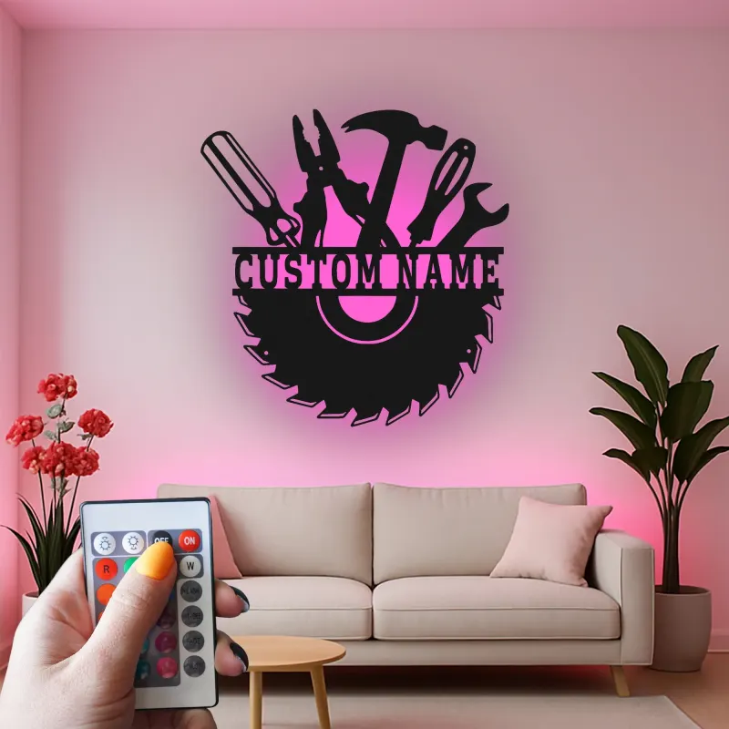 Cartel de metal personalizado con luz LED de juego de herramientas regalo para el manitas decoración de garaje o taller 1