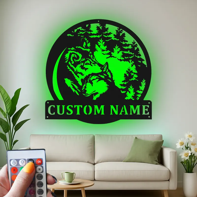 Décoration murale en métal personnalisée avec lumière LED de meute de loups