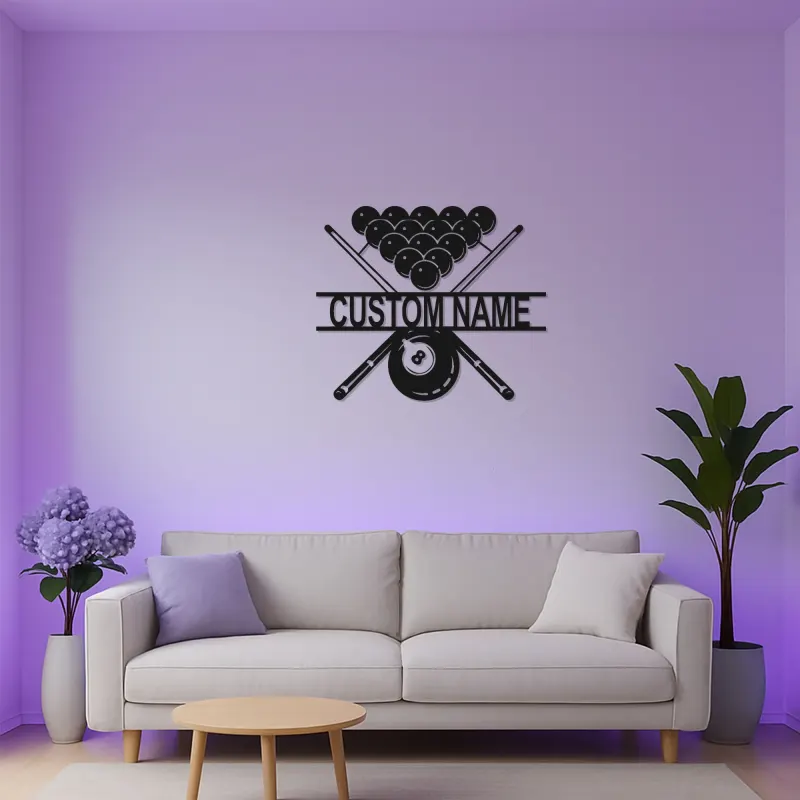 Arte murale in metallo LED Biliardi Personalizzata | Insegna per sala giochi di Pool Room | Decorazione illuminata 8 Ball e Stecca | Regalo per sala giochi per lui