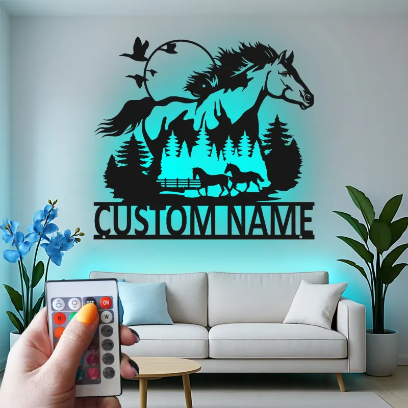 Enseigne cheval en métal avec LED | Décoration murale équestre personnalisée | Décor de ranch, grange et écurie | Cadeau pour amoureux des chevaux