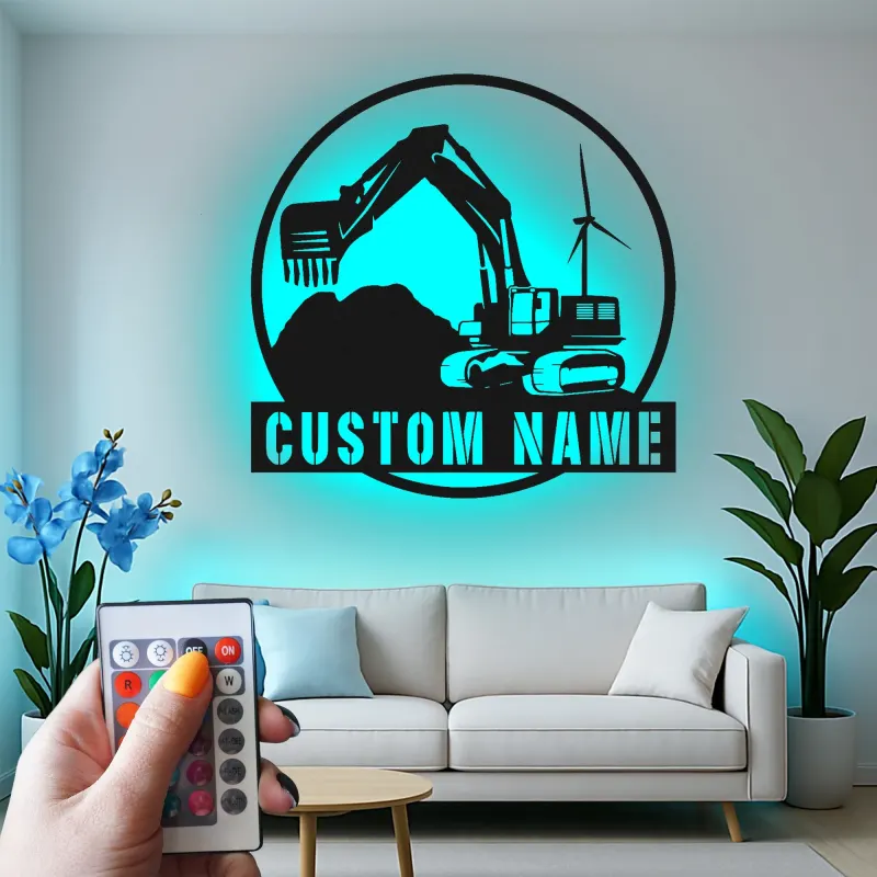 Personalisierte LED-Metall-Wandkunst mit Bagger – Geschenk für Bauprofis, Garagen- oder Bürodeko