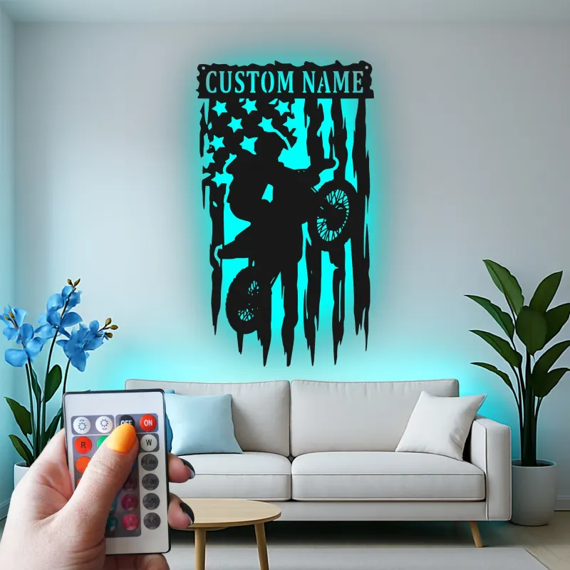 Personalized Motocross Metal Art | LED Dirt Bike American Flag Sign | Custom Name Wall Decor for Teen Boy Bedroom or Garage Gift