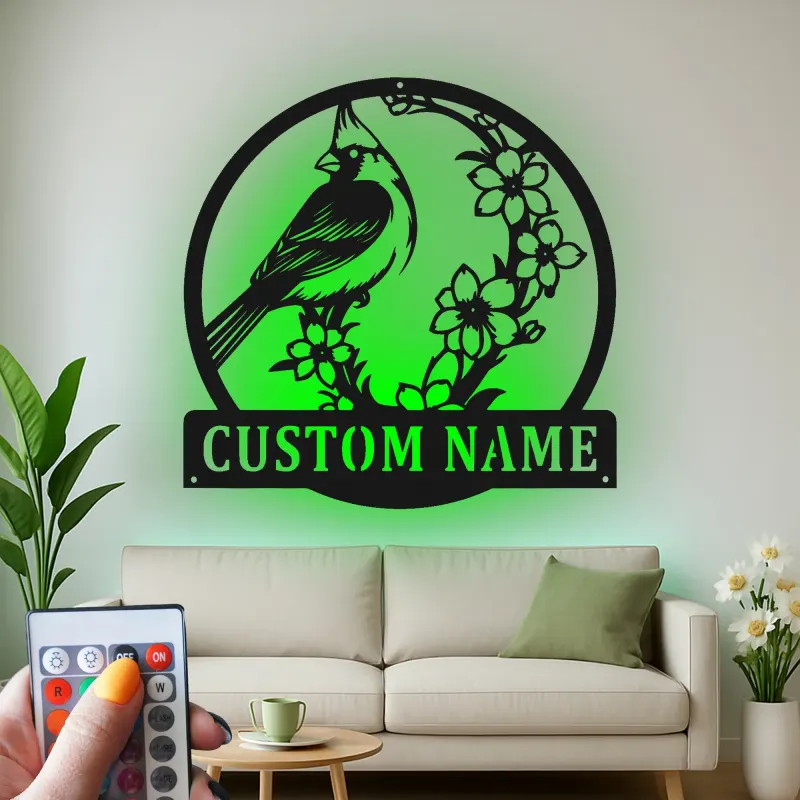 Décoration murale en métal personnalisée avec lumière LED cardinal et fleurs