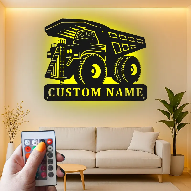 Insegna in metallo LED personalizzata a tema camion ribaltabile per appassionati di costruzione, decorazione per cameretta