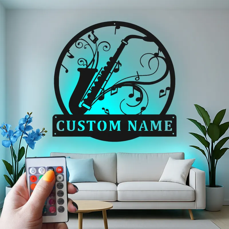 Panneau LED Personnalisé Saxophone | Décoration Murale en Métal pour Studio de Musique | Cadeau Joueur de Jazz | Décor Salle de Groupe