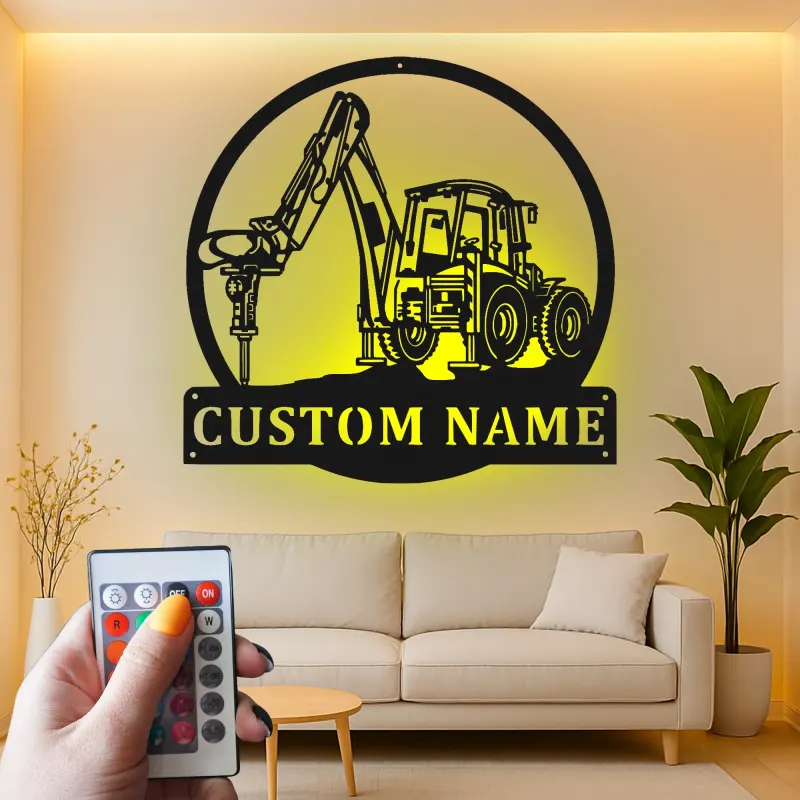 Custom Excavator Led Light Metal Wall Art Personalized Gift for Construction Enthusiast Garage or Office Decor 1