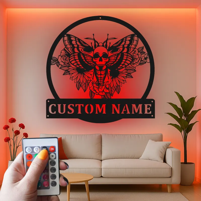 Cartel LED de polilla de cabeza de muerte personalizado | Arte mural gótico de metal | Decoración de hogar personalizada para brujas