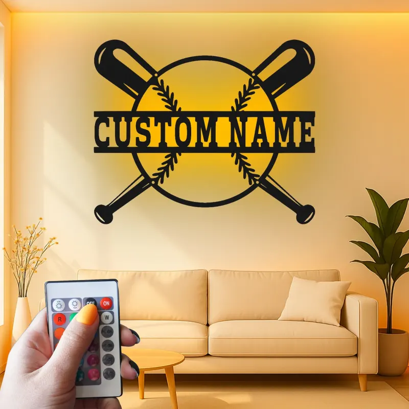 Insegna in metallo LED personalizzata con baseball - Regalo per appassionati di sport e decorazione per sala giochi