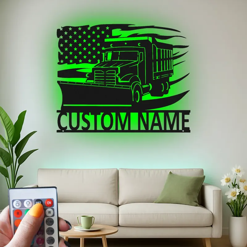 Insegna per Camion Spazzaneve Personalizzata | Arte da Parete in Metallo LED | Decorazione per Attrezzature Pesanti con Bandiera Americana | Regalo per Autista di Rimozione Neve