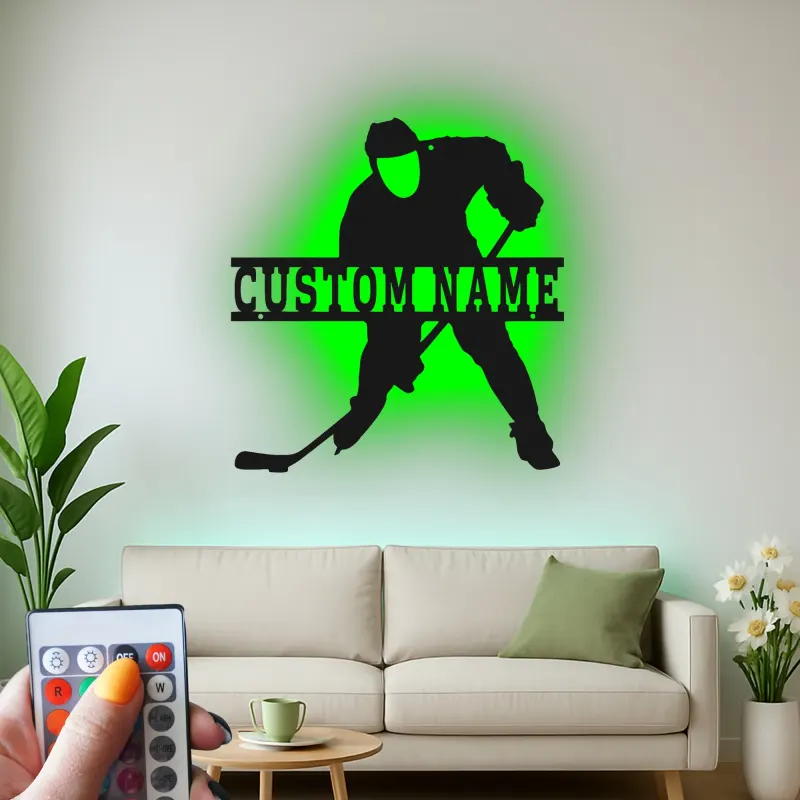 Insegna in Metallo Personalizzata per Giocatore di Hockey | Arte Murale LED Personalizzata | Decorazione per Hockey su Ghiaccio per Sala Giochi | Regalo per Fan