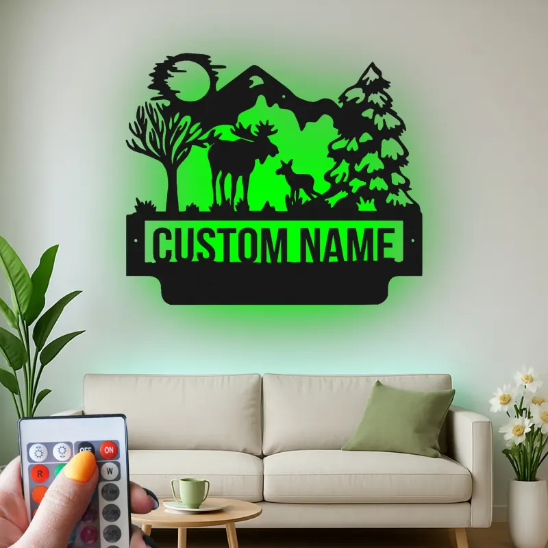 Personalized Moose Metal Wall Art | LED Wildlife Scene | Custom Family Name Sign for Cabin, Lodge & Rustic Home Decor