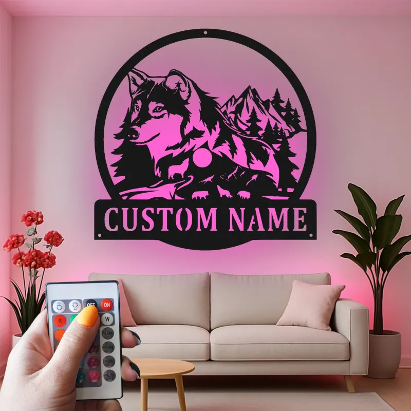 Cartel de metal personalizado de lobo y montaña con luz LED Regalo para amantes de la naturaleza Decoración rústica de cabaña