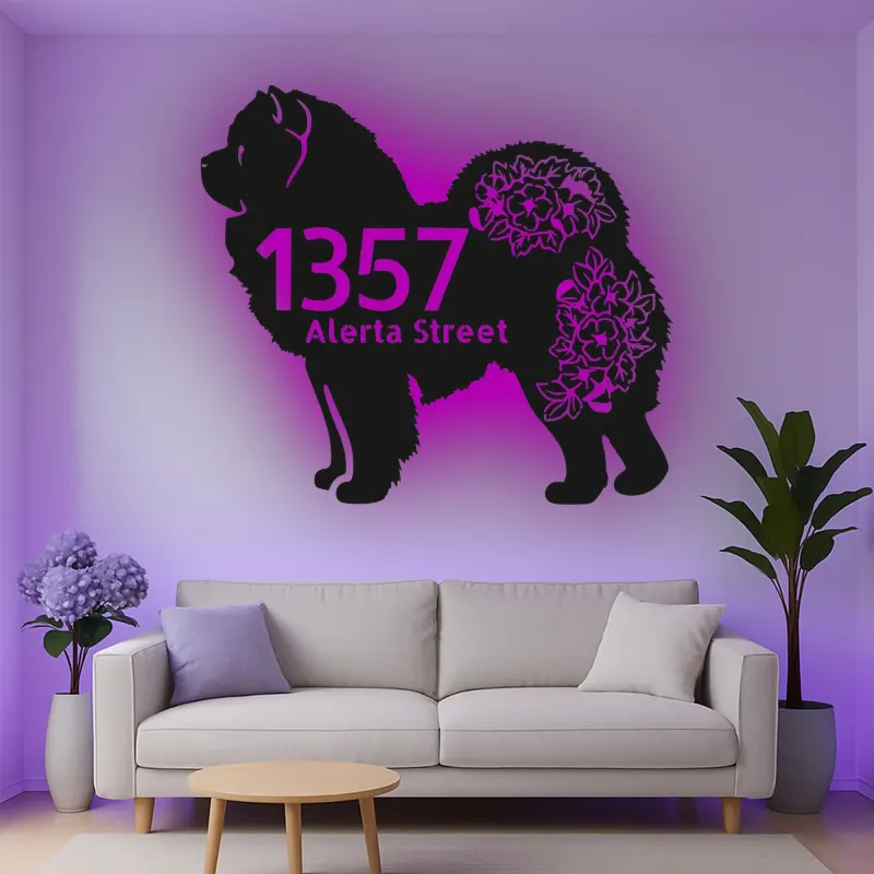 Insegna in metallo LED personalizzata Chow Chow, regalo per amanti dei cani, decorazione per indirizzo esterno