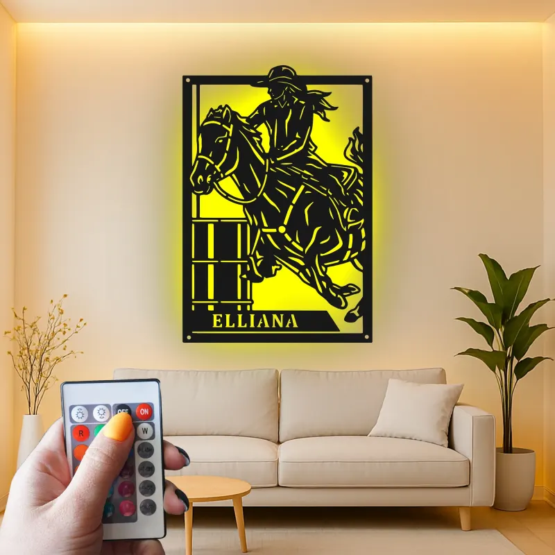 Cartel de metal LED personalizado de jinete de barriles, regalo ecuestre para amantes de los caballos, decoración western para el hogar
