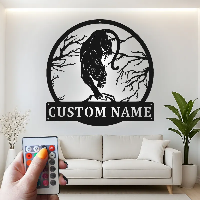 Prowling Panther LED Metal Sign | Custom Name Wall Art | Realistic Wildlife Silhouette for Man Cave or Office Decor
