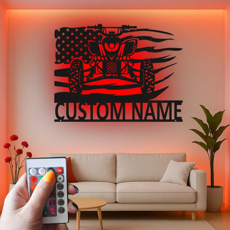 Cartel de metal personalizado con luz LED de quad para ATV, regalo personalizado para entusiastas del aire libre, decoración para garaje o man cave