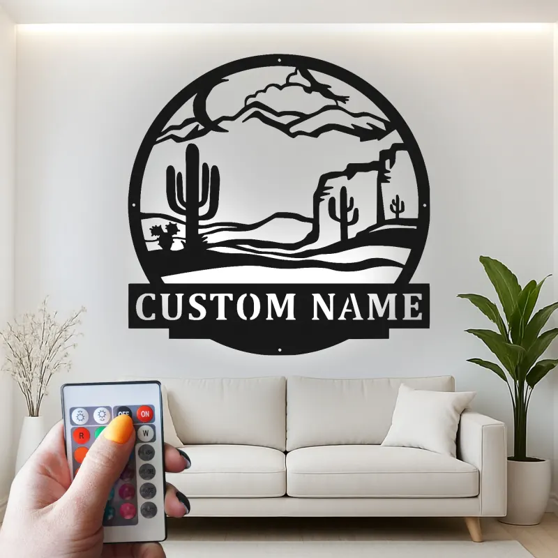 Custom Desert Landscape Led Light Metal Wall Art Personalized Gift for Nature Lovers Living Room or Patio Decor