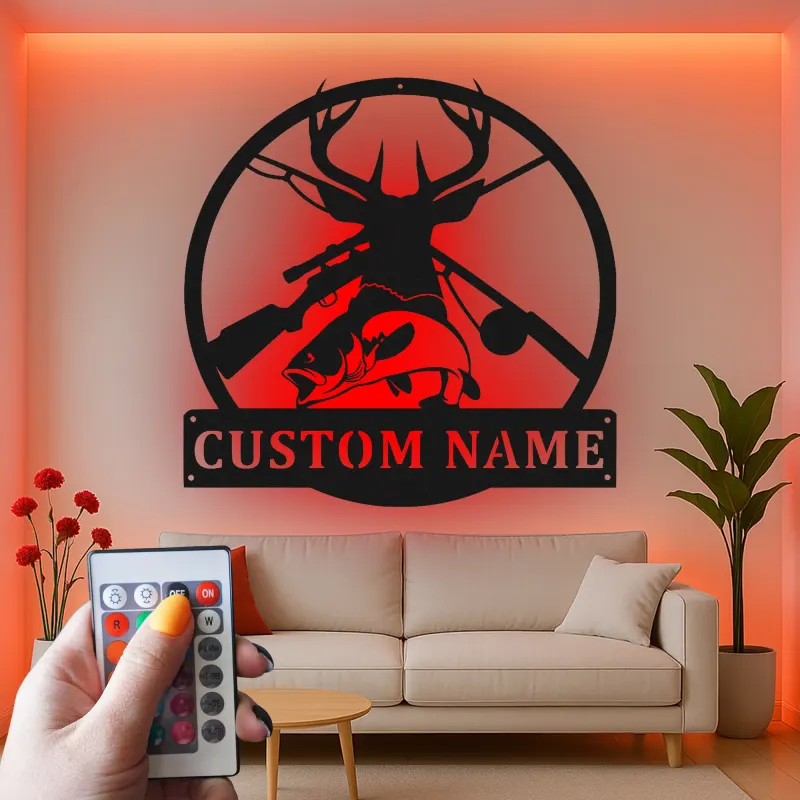 Insegna LED in metallo personalizzata per caccia e pesca | Arredo per baita per sportivi | Arte rustica per man cave