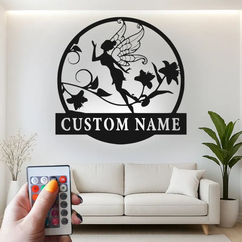 Décoration murale en métal personnalisée Fée avec Fleurs et Rétroéclairage - Cadeau Enchanteur pour Chambre ou Décor de Jardin