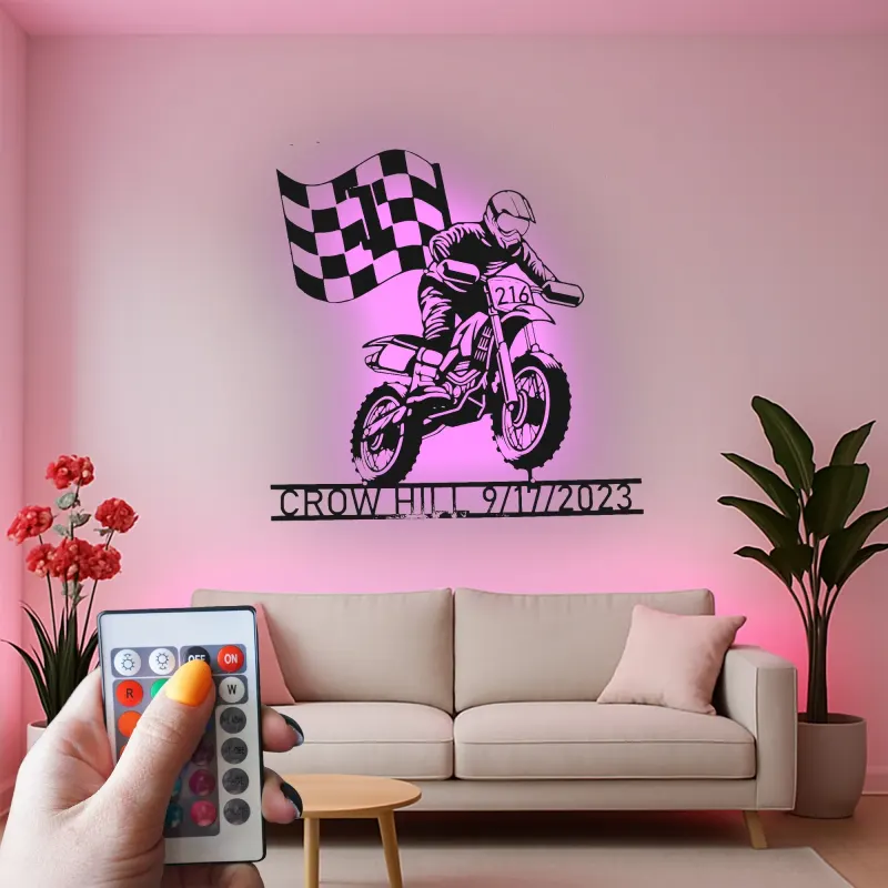 Panneau LED Motocross Personnalisé | Décoration Murale en Métal sur Mesure | Nom et Numéro du Pilote | Décor de Garage Sportif