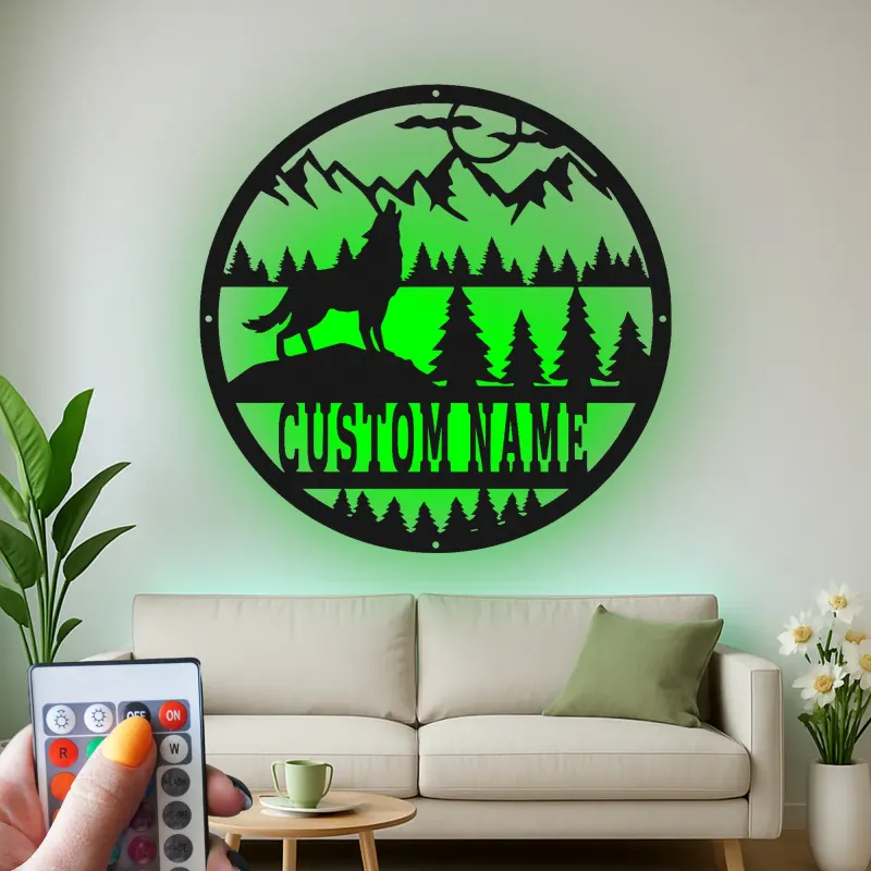 Custom Wolf Mountain Scene Led Light Metal Wall Art Personalized Gift for Nature Lovers Rustic Cabin Decor 1