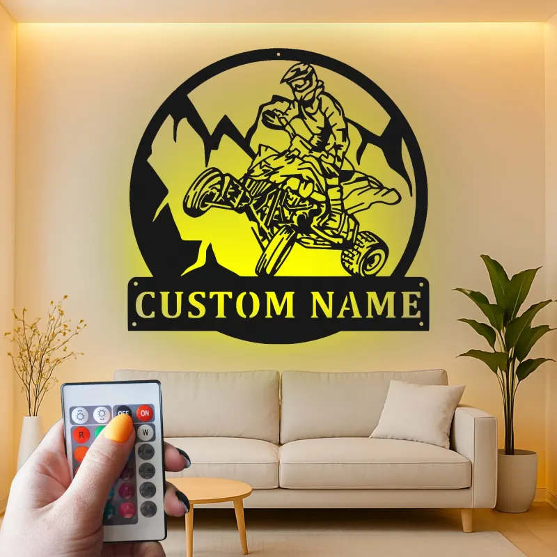 Décoration murale en métal personnalisée pour conducteur d'ATV avec rétroéclairage LED - Cadeau d'aventure pour les passionnés de tout-terrain, décoration de garage ou de man cave