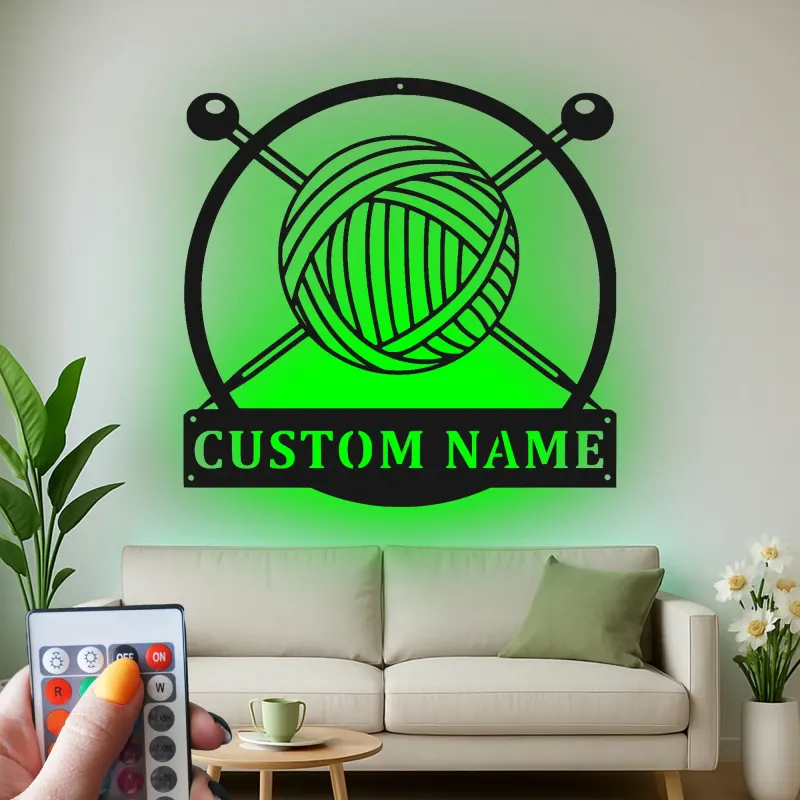 Plaque Métallique Personnalisée Pelote de Laine | Cadeau pour Tricoteur | Décor LED pour Atelier | Art Mural Tricot