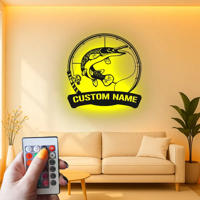 Cartel de Pesca Personalizado con LED | Arte Mural de Metal para Pescadores | Decoración para Casa de Campo y Cueva de Hombre