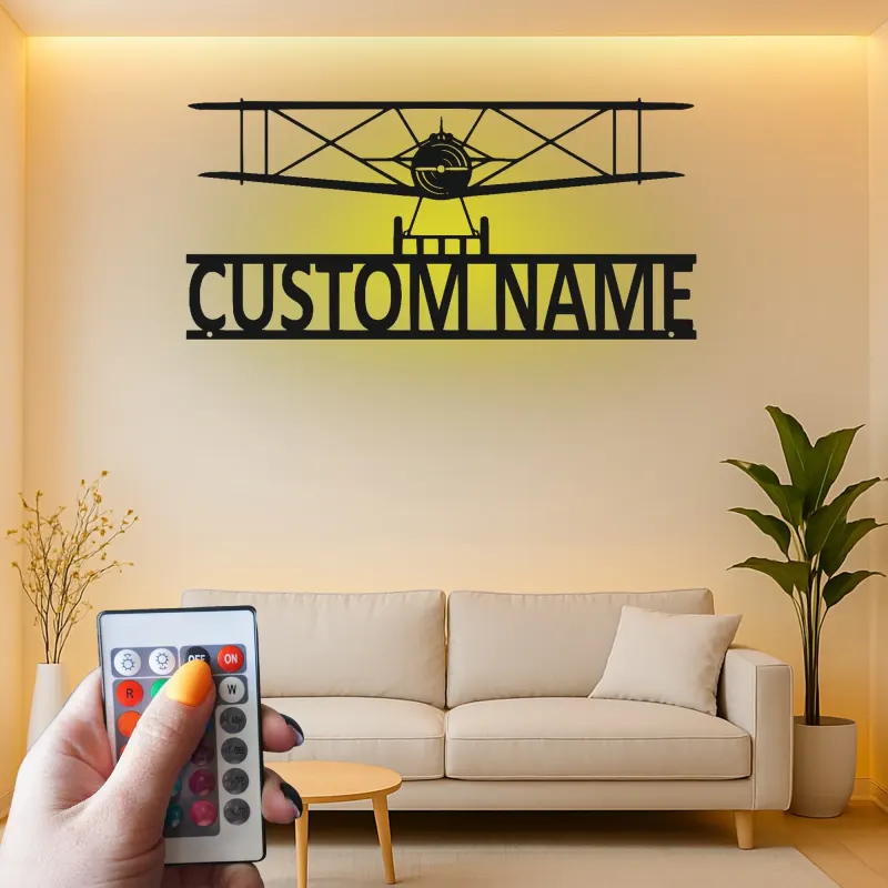 Décoration murale en métal LED personnalisée Biplan Cadeau d'aviation pour pilote Décor de hangar pour passionnés d'aviation