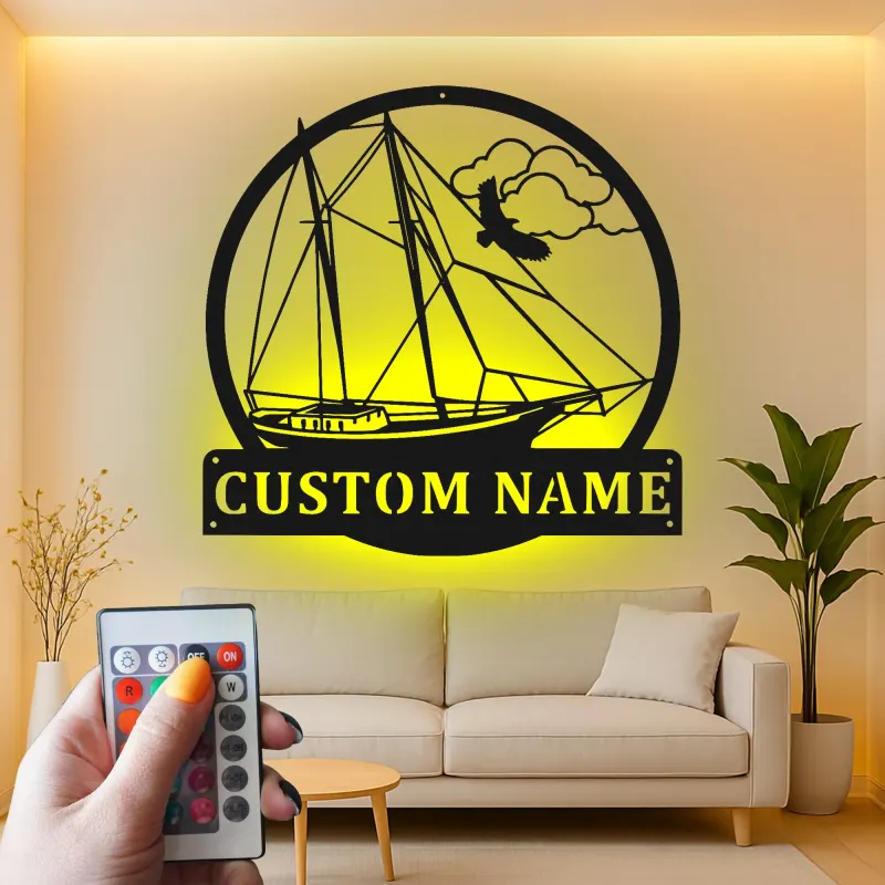 Personalized Sailboat Metal Wall Art | LED Nautical Ship Sign | Custom Sailor Gift & Coastal Home Decor