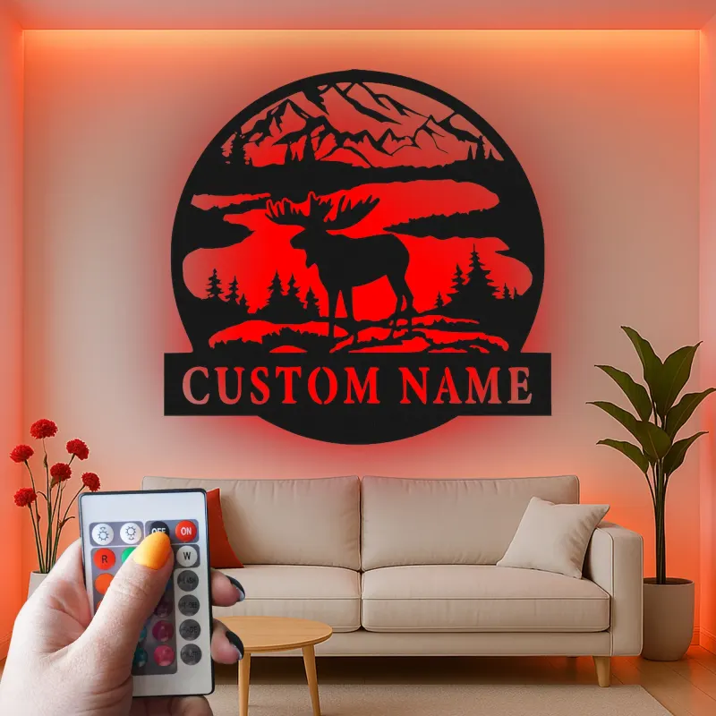 Custom Moose Mountain Scene Led Light Metal Wall Art Personalized Nature Lover Gift Cabin Decor