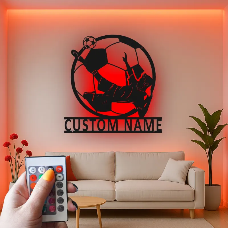 Panneau Métallique de Joueur de Soccer Personnalisé | Décoration Murale LED de Nom pour Chambre de Garçon | Silhouette de Coup de Pied de Bicyclette | Cadeau pour Athlète