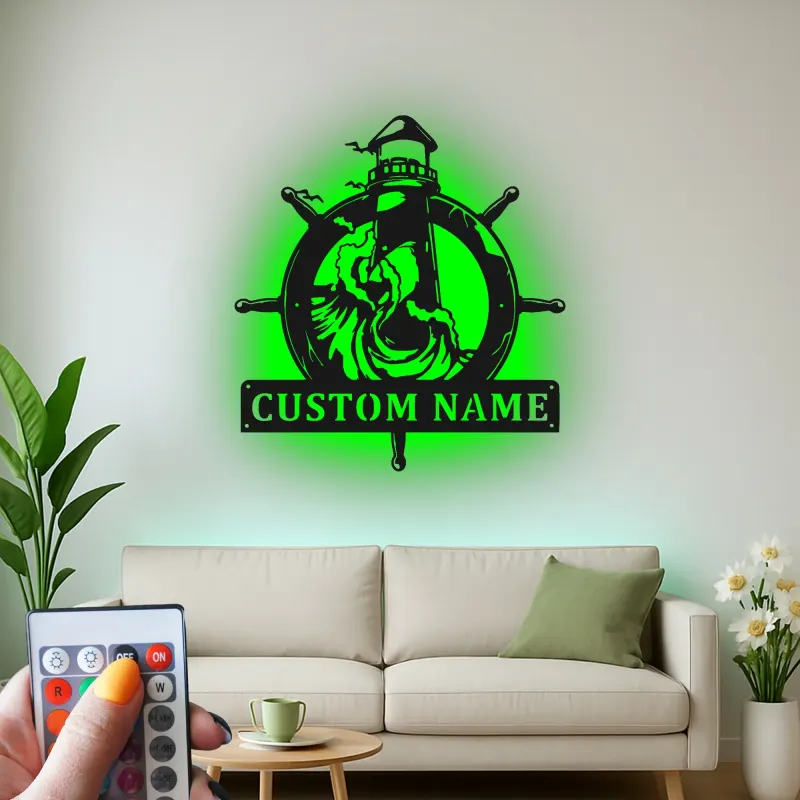 Custom Lighthouse Metal Sign | LED Nautical Wall Art | Personalized Ship Wheel Decor for Beach House | Maritime Gift