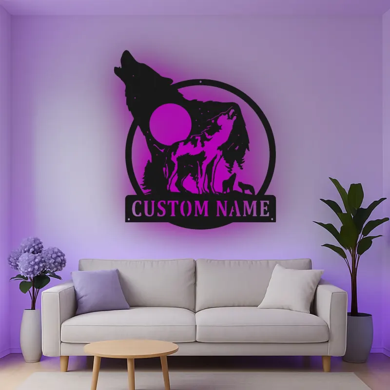 Custom Wolf Pack Led Light Metal Wall Art Personalized Nature Lover Gift Rustic Cabin Decor