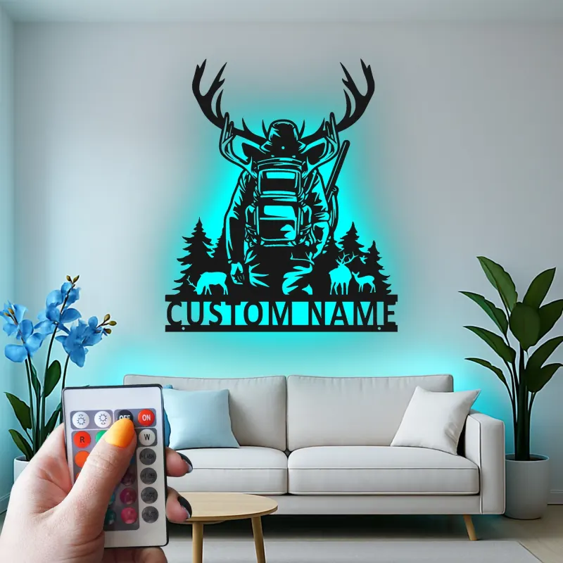 Insegna in metallo personalizzata per cacciatori con corna con luce LED regalo per appassionati di outdoor decorazione per cabin